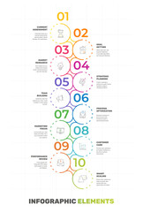 Poster - Vector infographic flat template circles for ten paper label, diagram, graph, presentation. Line business concept with 10 options. Blank space for content, step for step, timeline, workflow, marketing