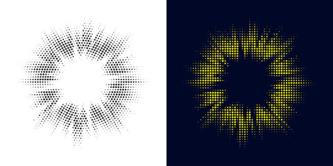 Leinwandbilder - Set of black halftone grunge circle. Vector modern dots halftone arts. Halftone circle frame background set. Round border Icon using halftone random circle. Grunge circular stain. Vector illustration.