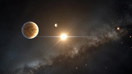 Wall Mural - Planetary System with Bright Star and Orbiting Planets in Distant Galaxy
