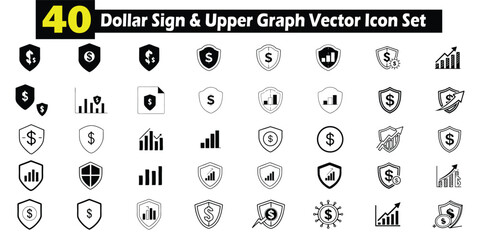 Fototapete - Set of forty distinctive financial and economic dollar sign shield and graph vector icons