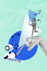 Poster - Poster image artwork pop collage of happy schoolgirl hold laptop walk robot hand human boom fist gesture e-learning cyberspace