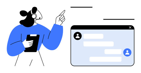 Poster - Customer service representative pointing at a chat screen while holding a clipboard. Ideal for communication, support, technology, teamwork, professionalism, online tools, simple landing page