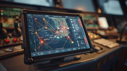 Aufkleber - Rugged tablet computer displaying a real time navigation map with highlighted routes and points of interest, enhancing maritime operations in a modern ship's control room