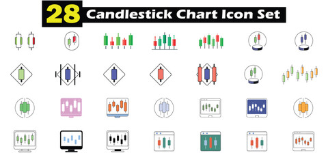 Fototapete - A collection of twenty eight candlestick chart icons depicting financial trading and stock market analysis concepts