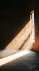 Poster - Sunlight streaming through a barred window creates dramatic shadows in an empty room at dusk