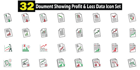 Fototapete - Collection of thirty two outline documents showing data analysis charts and financial profit loss indicators