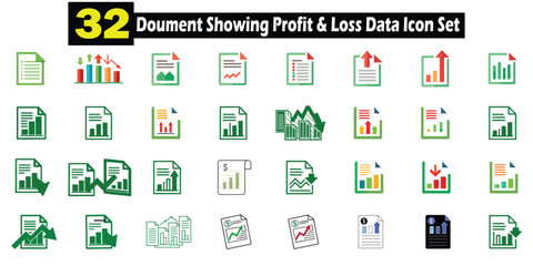 Fototapete - Set of thirty two isolated profit and loss document icons representing financial data analysis and business report illustrations