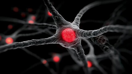 Poster - Detailed visualization of interconnected neurons with glowing red centers, illustrating complex neural networks and brain activity. The dark background enhances the vibrant red glow