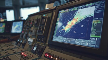Aufkleber - High tech ship bridge showcasing advanced navigation systems and radar displays. Multiple monitors and control panels highlight maritime technology and vessel control operations