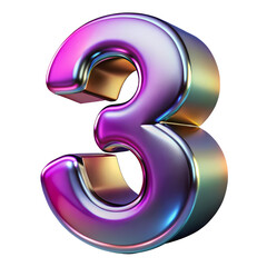 Aufkleber - Iridescent Number Three 3D Render Isolated on Transparent Background for Graphic Design and Decoration
