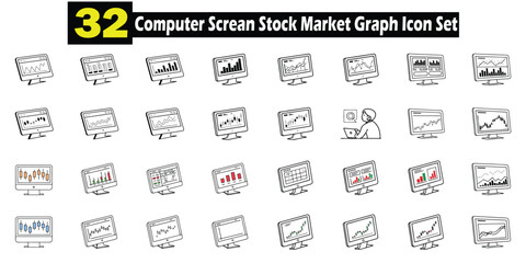 Fototapete - Collection of thirty two computer screen illustrations depicting various stock market trend graphs in outlined icon style.