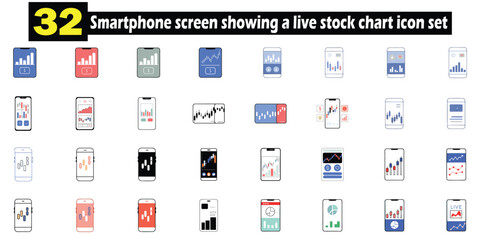 Fototapete - Thirty-two isolated stylized illustrations of smartphones depicting diverse financial and stock market trading graphics, charts, and analyses.
