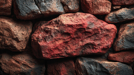 Poster - A close up view of a rock wall with varying colors and textures in a stacked arrangement pattern