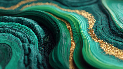 Poster - Abstract green and gold layered design with textured surface and glittery accents in a flowing pattern