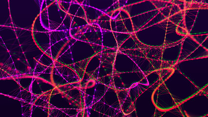 Poster - Bright, swirling light trails in shades of purple and pink, creating a dynamic volumetric abstract background. Neural connections. Network connection structure. Weave effect. 3D abstract illustration.