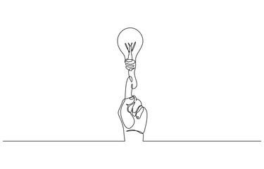 Poster - Continuous one line drawing of hand pointing a bulb lamp. Think big, point to idea concept, Hand with light bulb one continuous line drawing. Pointing symbol of creative idea editable outline.