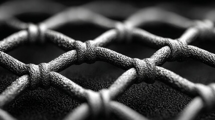 Poster - A close up black and white photograph of a knotted net pattern with a textured background behind it