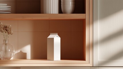 Poster - Minimalist kitchen display featuring a white carton under warm sunlight in a modern home setting