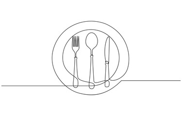 Poster - Continuous one line drawing of fork, plate, knife and spoon. Single line drawing illustration Cutlery set, Continuous one line drawing of knife and fork outline art illustration.