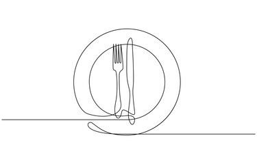 Poster - Continuous one line drawing of fork, plate, knife and spoon. Single line drawing illustration Cutlery set, Continuous one line drawing of knife and fork outline art illustration.
