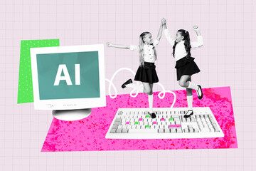 Poster - Art sketch image vertical collage of two happy classmates girls jump keypad pc monitor artificial intellect futurist innovation