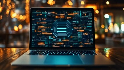 Futuristic Laptop Displaying Code on a Table with Bokeh Lights in the Background
