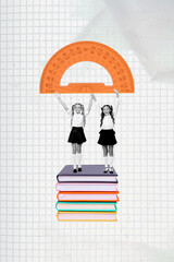 Poster - Banner poster art photo collage of two happy classmates stand book stack literature subject preparation measure ruler supply