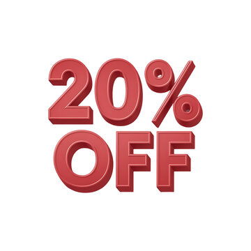 Red 3d twenty percent off text isolated on transparent background