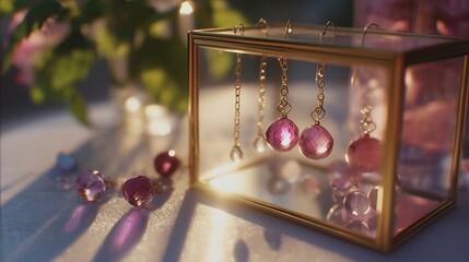 Poster - Elegant display of pink gemstone earrings in a glass jewelry box during afternoon light