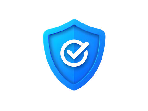 Vibrant Blue Three Dimensional Shield Icon Featuring a White Checkmark Inside a Circle Symbolizing Approval Security Safety and Digital Graphic Element