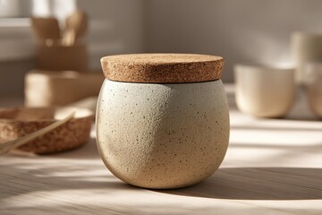 Poster - Unique ceramic container with cork lid illuminated by soft afternoon light in a minimalistic setting