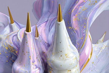 Poster - Colorful abstract cream swirls with golden accents and pointed tips in a modern art display setting