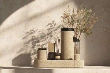 Poster - Decorative home accessories arranged on a minimalist shelf with natural light highlighting their textures