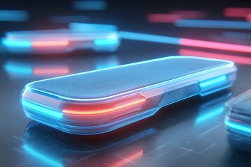 Poster - Futuristic battery design with glowing blue and red lights showcasing advanced technology in a dark environment