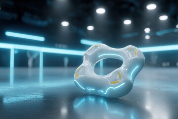 Poster - Bright futuristic ring shape on a reflective surface with neon lights in a dimly lit environment
