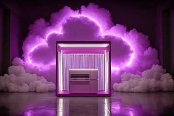 Poster - Creative display featuring a modern refrigerator with purple neon lights and cloud-like backdrop in a contemporary setting
