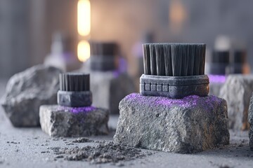 Poster - Unique artistic display of brushes on textured stone surface with glowing elements in modern industrial environment