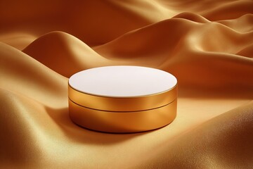 Poster - Elegant golden container placed on smooth golden fabric in a soft-lit setting
