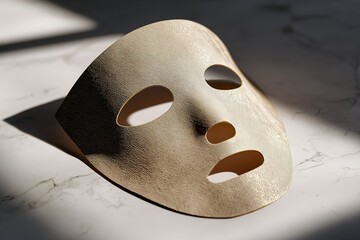 Poster - Decorative mask resting on a marble surface during daylight, showcasing unique texture and design details