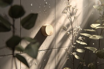 Poster - Wooden decor piece on tiled wall surrounded by dried plants in soft natural light