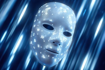 Poster - Futuristic digital mask with glowing patterns amidst a blue light background in a virtual setting