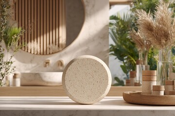 Poster - Contemporary stone sculpture on a minimalist counter surrounded by greenery and natural decor
