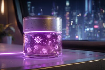 Poster - Cutting-edge science jar in futuristic lab showcasing glowing microorganisms with city skyline in background