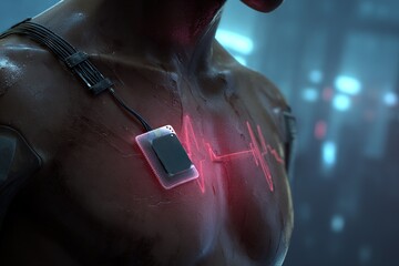 Poster - High-tech medical device monitoring heartbeat in a futuristic setting with a humanoid figure