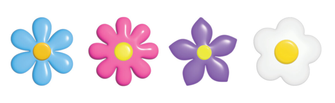 3d Plasticine Flower Set with Narcissus, Chamomile, Clay Elements, Colorful Sculpted Garden Designs for Spring & Summer, Vector Illustration.