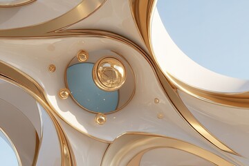 Poster - Intricate architectural design featuring smooth curves and golden accents under a clear blue sky in a modern setting