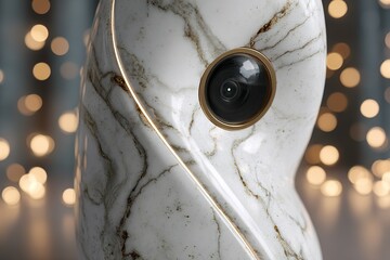 Poster - Unique marble sculpture with a camera lens, featuring soft lighting and an elegant bokeh background