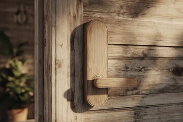Poster - Rustic wooden door handle on weathered wooden door with soft sunlight illuminating the surroundings in a cozy setting