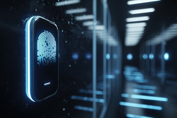 Poster - High-tech fingerprint scanner in a sleek corridor during nighttime illumination