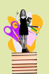 Poster - Image 3d zine vertical collage of happy teenage schoolgirl stand book reader sticker homework education supplies pencil scissors
